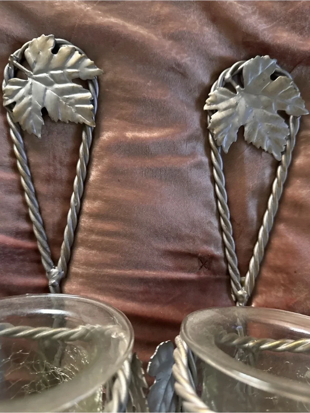 Home Interiors Silver Leaf Wall Sconces with Crackle Glass Cups
